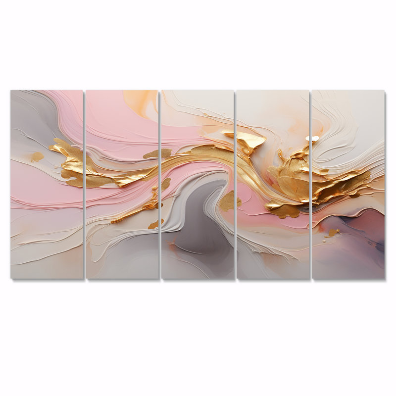 Tourbillon tourbillonnant d'or glamour - art mural abstrait 5 pièces, H 32 po x l 80 po