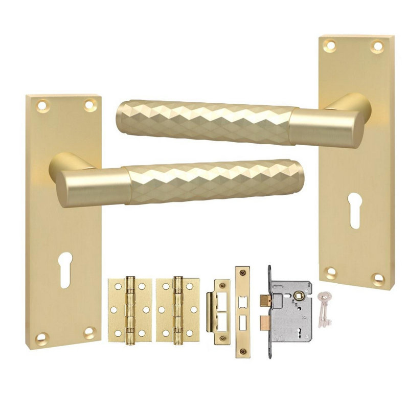 Golden Grace Victorian Design Knurled Diamond Cut Lock Handle on Backplate Satin Brass Finish with 3 Lever Lock and Hinges - 150mm x 40mm