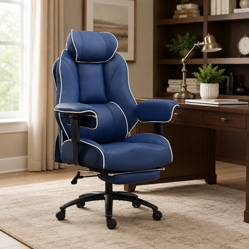 Big & Tall Ergonomic Executive Office Chair with Footrest, High Back Reclining Desk Chair, Adjustable Lumbar Support,Blue PU Leather Computer Chair, 400 lbs Capacity
