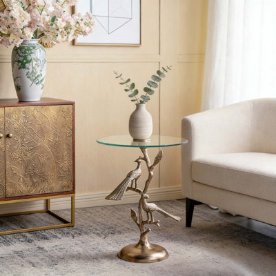 Artistic Peacock & Branch Accent Side Table - Tempered Glass Top With Metal Base