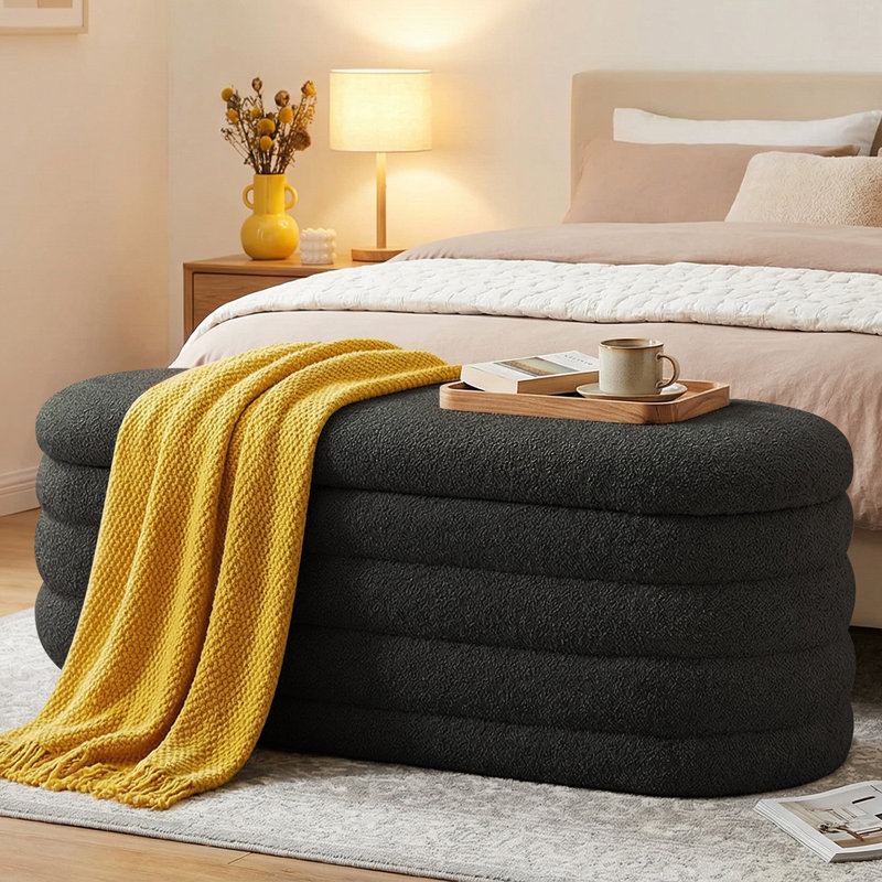 45" W Upholstered Storage Ottoman Bench, End of Bed Bench with Large Storage for Living Room, Bedroom, Entryway, Black