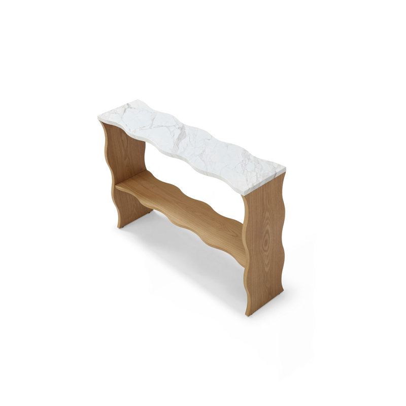 47.24" Whisper Of Waves Modern Console Table W/ White Marble-Pattern Top, Solid Wood Veneered Sofa Table W/ Open Storage Shelf, Entryway Table For Living Room, Natural Wood