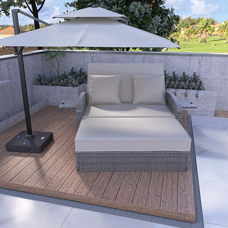 Chaise longue double en osier gris avec coussins en rotin, Coussin beige / structure gris clair