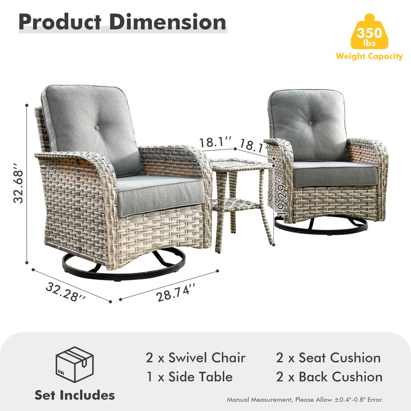 Chaises pivotantes d'extérieur en osier pour 2 personnes avec table d'appoint Emroy, Gris