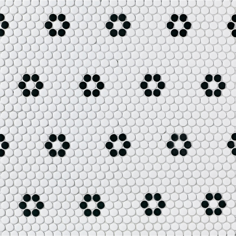 Carreau de mosaïque rond 0,8 po, White with Black Flower