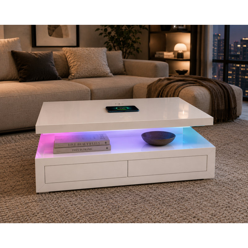 Table basse 47,2 "Delphi avec chargement sans fil, haut-parleur Bluetooth, éclairage à DEL RVB, tiroir de rangement et finition blanche moderne Delphi