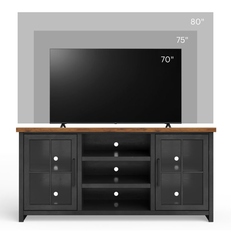 Brixham 67" Farmhouse TV Stand for TVs up to 80", Wood Top, Storage Cabinet with Shelves & Cable Management, Black/Whiskey