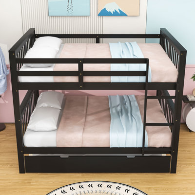 Full Over Full Bunk Bed With Twin Trundle, Ladder & Guardrails, Splitable Into 2 Beds