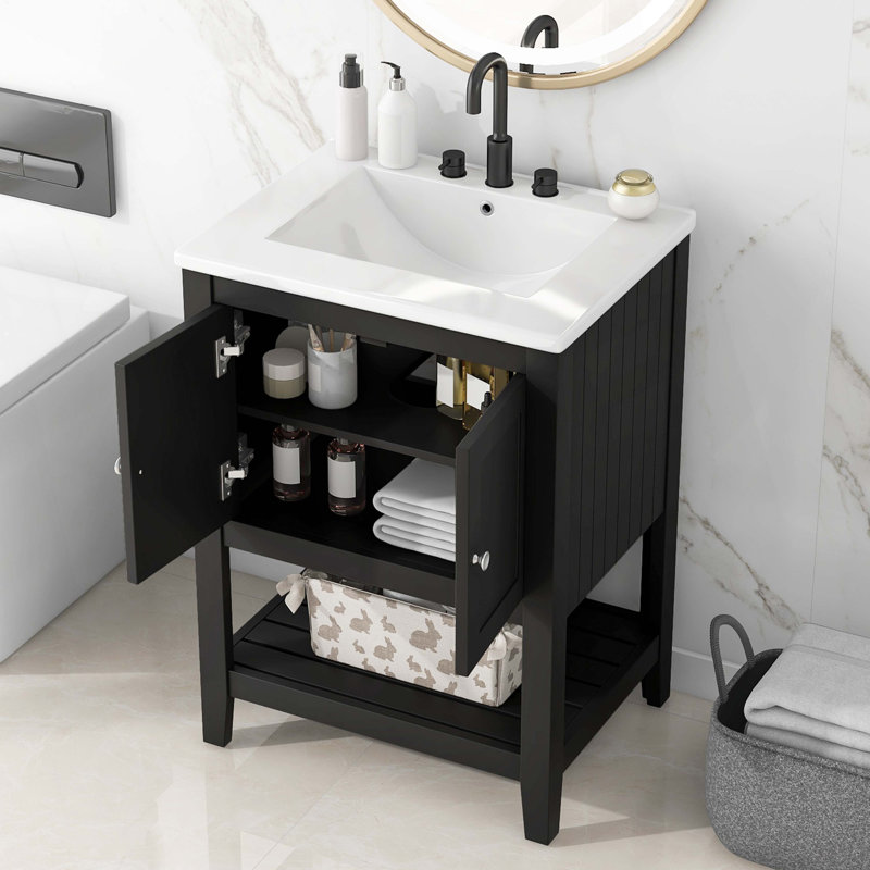 Lavabo de salle de bain moderne élégant en céramique 24 po avec tablette ouverte en bois massif, Black