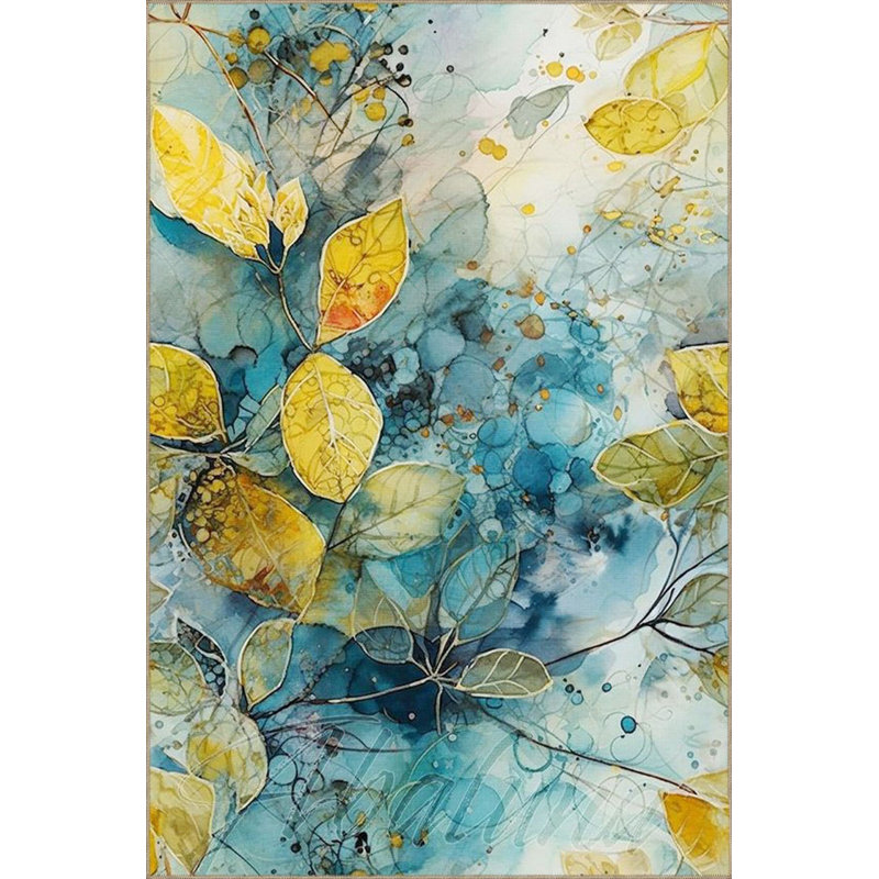 Tapis lavable à motif floral bleu glacier et jaune, Tapis de couloir 3 pi 3 po x 9 pi 10 po