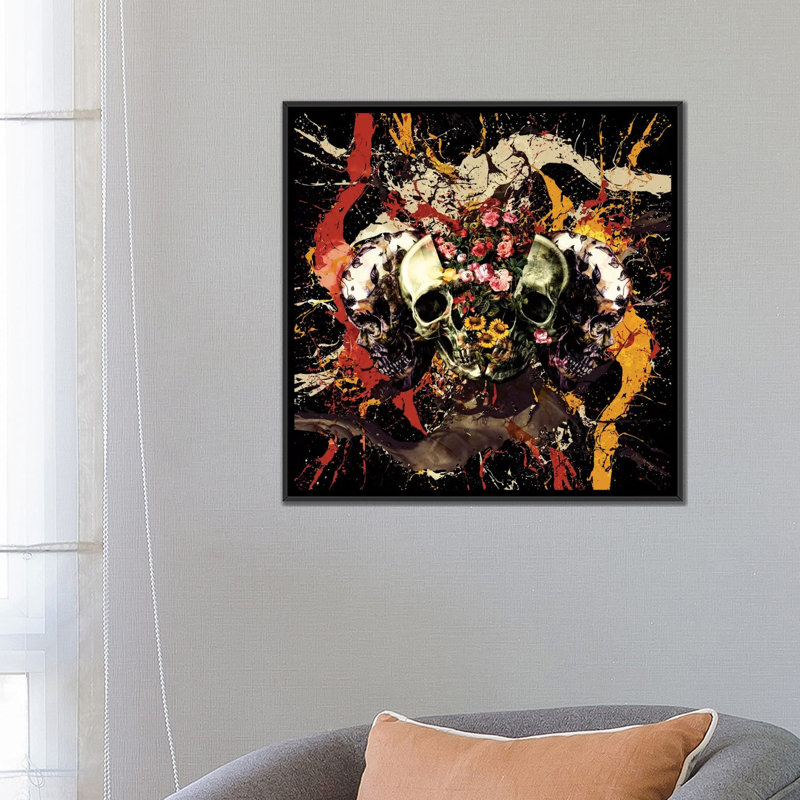 Crâne I, impression sur toile tendue, H 26 po x l 26 po x P 1,5 po, Papier d'art encadré noir, Pas de tapis