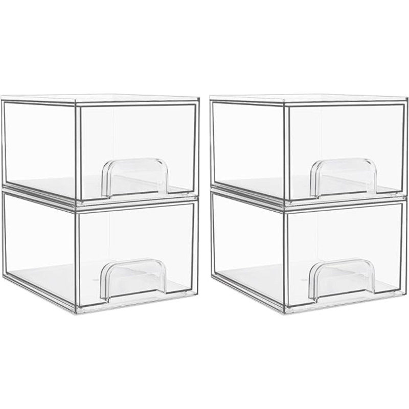 4 Pack Clear Stackable Storage Drawers, 4.4'' Tall Acrylic Bathroom Makeup Organizer,Plastic Storage Bins For Vanity, Undersink, Kitchen Cabinets, Pantry, Home Organization