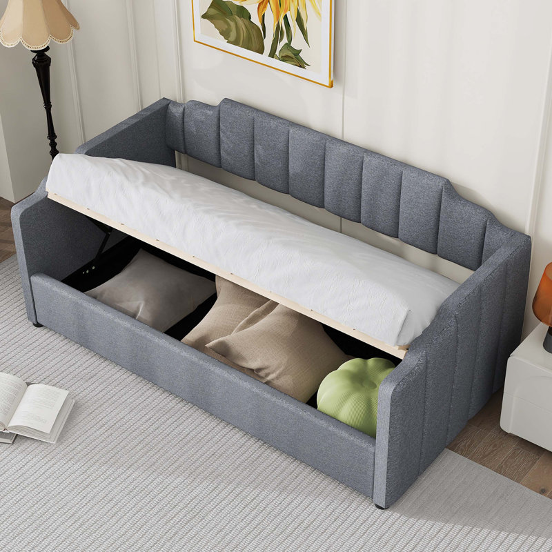 Lit de jour rembourré avec rangement inférieur, Gris, Simple