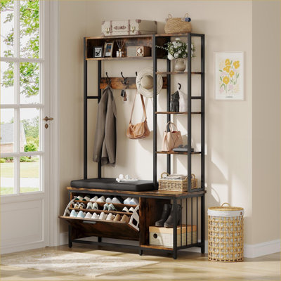 Portemanteau industriel FlowLuxe en noyer brun avec banc et rangement pour chaussures