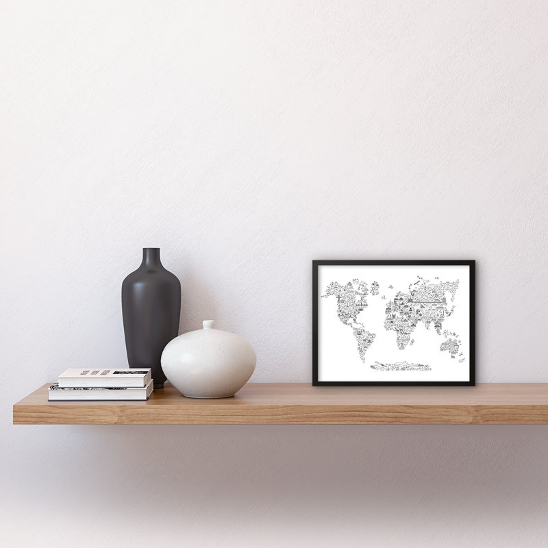 World Travel Landmark Line Map Oh the Places You Will Go! Single Picture Frame Wall Art, Black & White