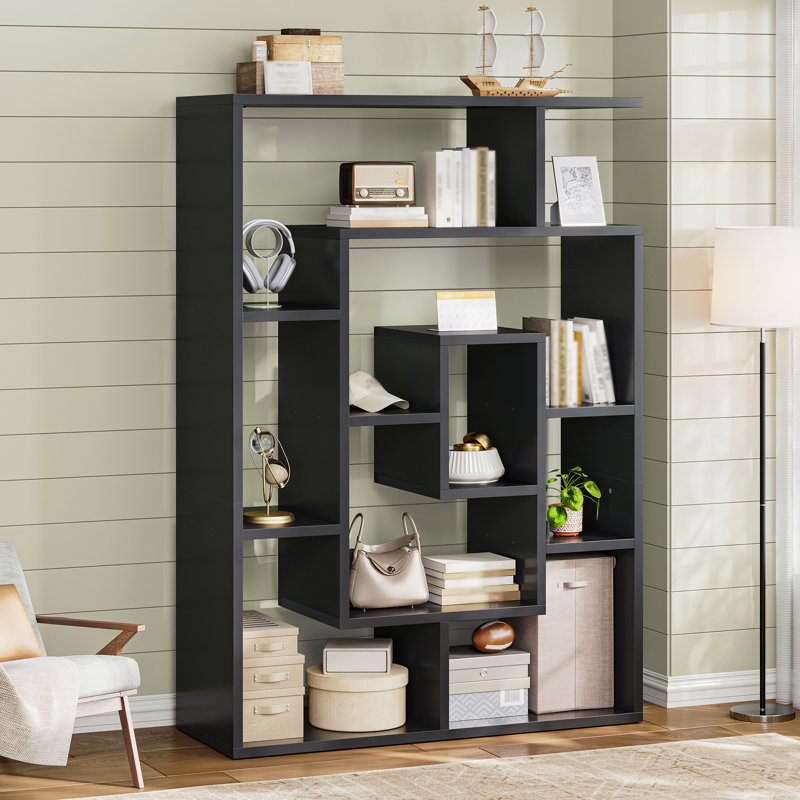 59" H Geometric Bookcase 4 Tier S-Shaped Room Divider Bookshelf, Black