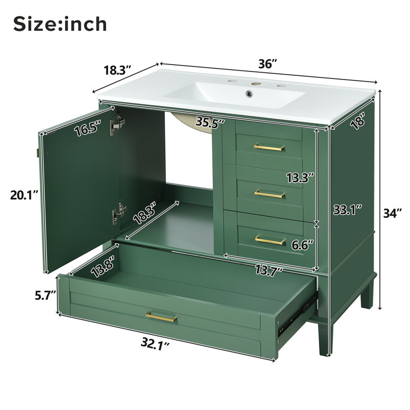 Modern Bathroom Vanity with Soft-Close Door and Drawers, Solid Wood Frame Storage Cabinet, Green