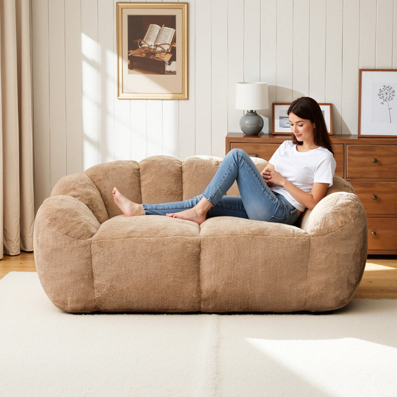 Velvet Fabric Loveseat Bean Bag Chair Foam Filled, Khaki Velvet