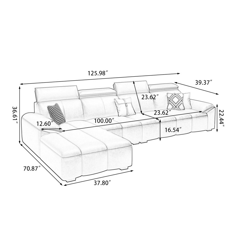 Canapé modulaire 3 pièces rembourré, Cuir fleur noir supérieur / similicuir, H 36,61 po x l 125,98 po x P 70,87 po