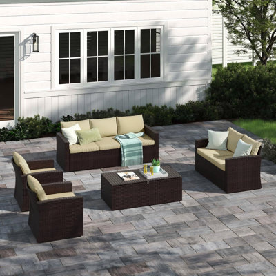 Arlington Outdoor Wicker 7 Person Seating Group with Cushions & Storage