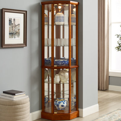 Armoire vitrée à 6 tablettes en chêne avec tablettes réglables en verre trempé et miroir