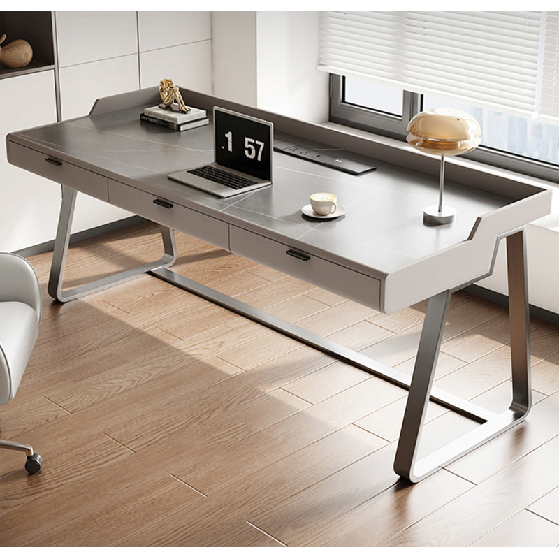 Bureau en pierre frittée de luxe clair avec tiroirs, H 31,89 po x l 55,12 po x P 29,53 po