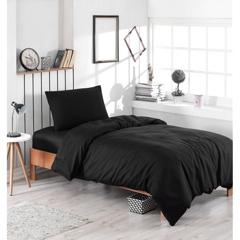 Ensemble de housse de couette de qualité supérieure, noir | 65% coton / 35% polyester, 120 fils | Lavable à la machine, housse de couette et enveloppe à boutons (1 pièce) | Literie douce et durable essentielle