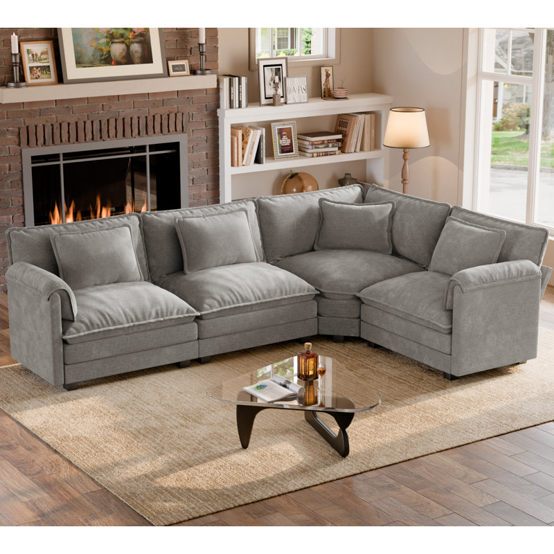 L Shaped Upholstered Boneless Corner Modular Sectional Sofa Cloud Couch - Chenille Fabric, Gray Chenille