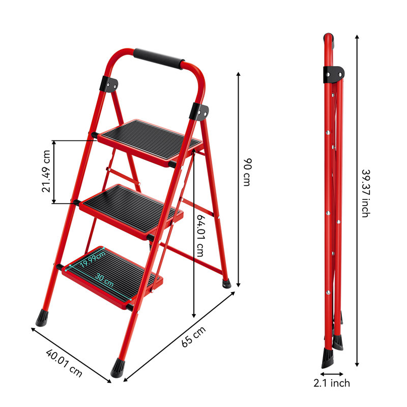 3 - Step Steel Folding Step Ladder, Red