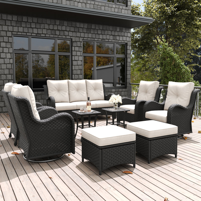 Ensemble de mobilier d'extérieur 9 pièces avec canapé et repose-pieds LayinSun, Noir, noir, noir, noir, Beige
