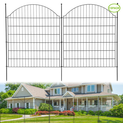 Metal Outdoor Fence 10 Pieces Without Door, Inner Arc Design, 15 Mesh Pieces + 15 Round Head Ground Plugs + 1 6-Point Wooden Hammer