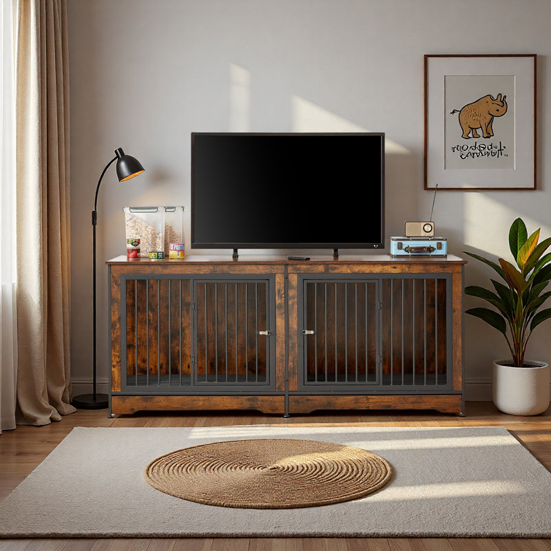 Super grand meuble cage pour chien pour deux chiens avec plateau, meuble télé. Brun rustique, Brun rustique