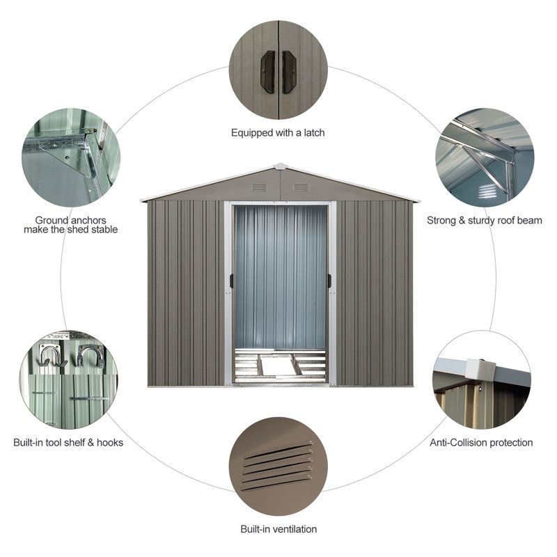 8' x 10' Gray Metal Outdoor Storage Shed with Lockable Door