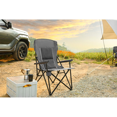 Collapsible High Back Lawn Chair That Supports 250Lbs, Grey With Cup Holder, Comfortable Breathable Design, Frame For Camping And Outdoor Activities Heavy Duty Can Hold Portable, Wear - Relaxation