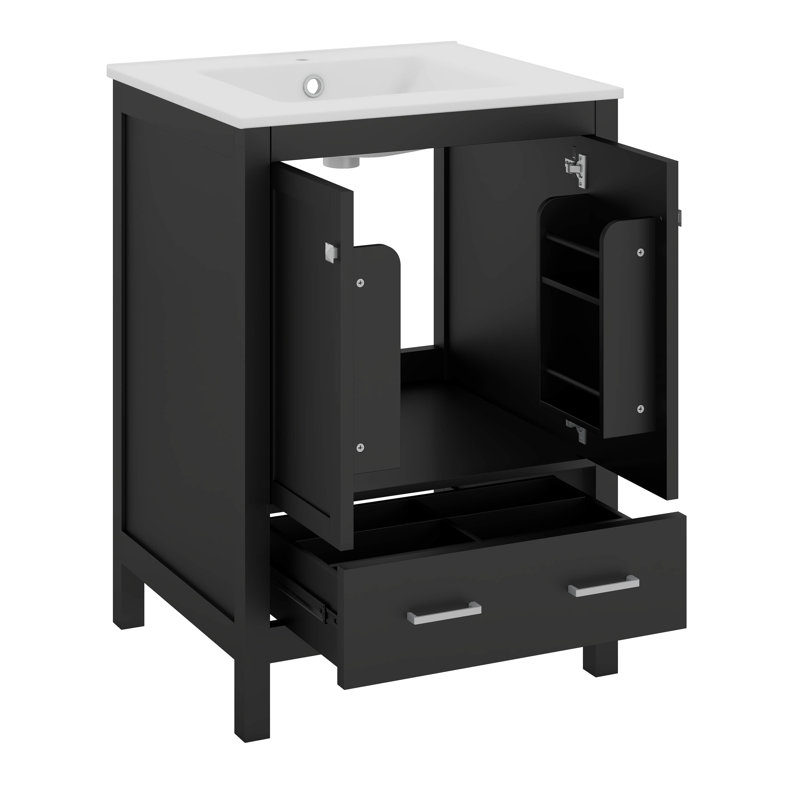 Meuble-lavabo de 24 pouces avec lavabo encastré intégré et armoire de rangement avec 2 portes et 1 tiroir, Noir