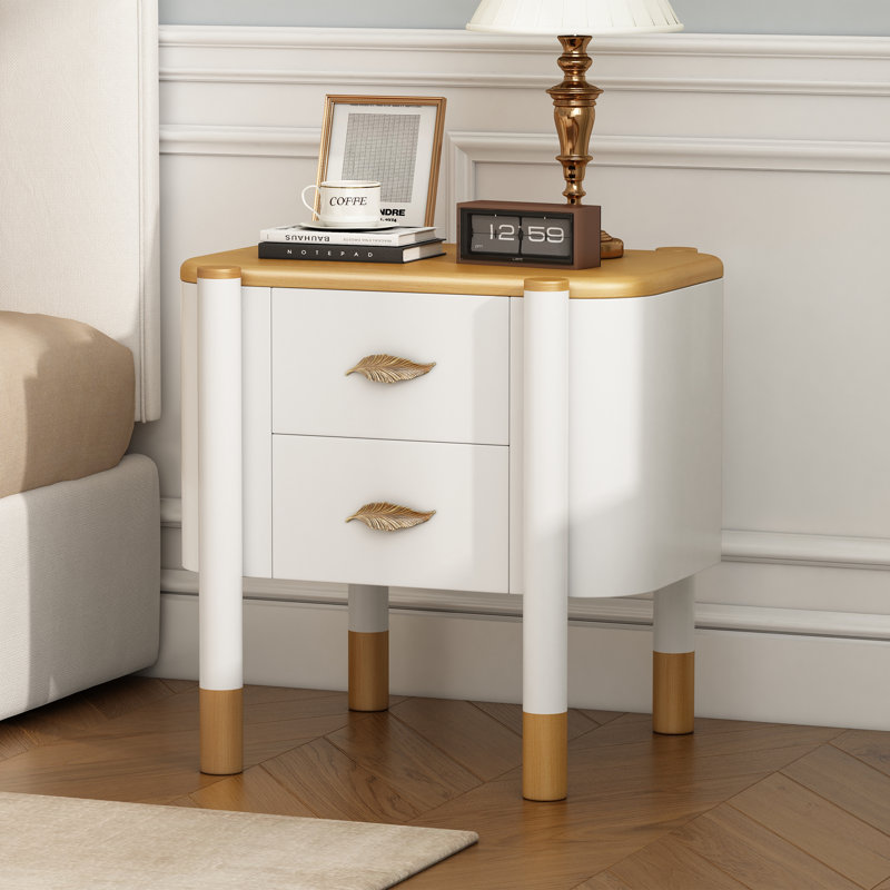 Table de chevet blanche moderne à 2 tiroirs avec poignées en métal pour la chambre à coucher
