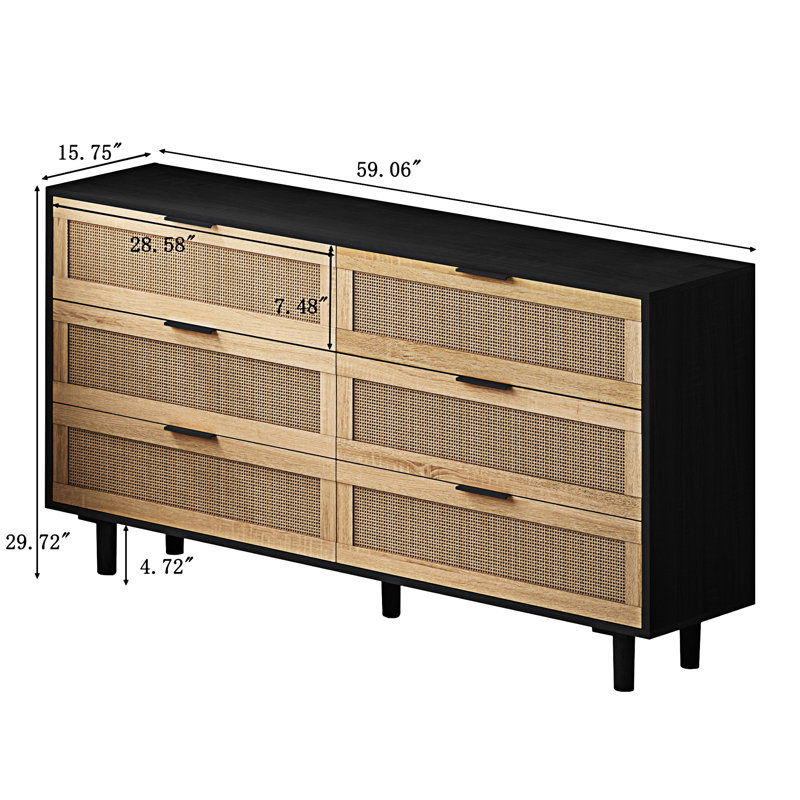 Sideboard,Buffet table,Dining cabinet,Office credenza with 6  Rattan Drawers, Black