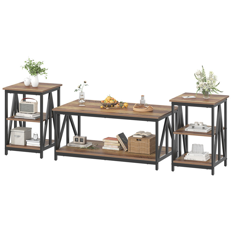Ensemble de 3 tables basses de 17 pièces pour le salon, 3 tables basses de style triangulaire industriel et 2 tables de bout, ensemble de 3 pièces pour le salon avec grand espace de rangement