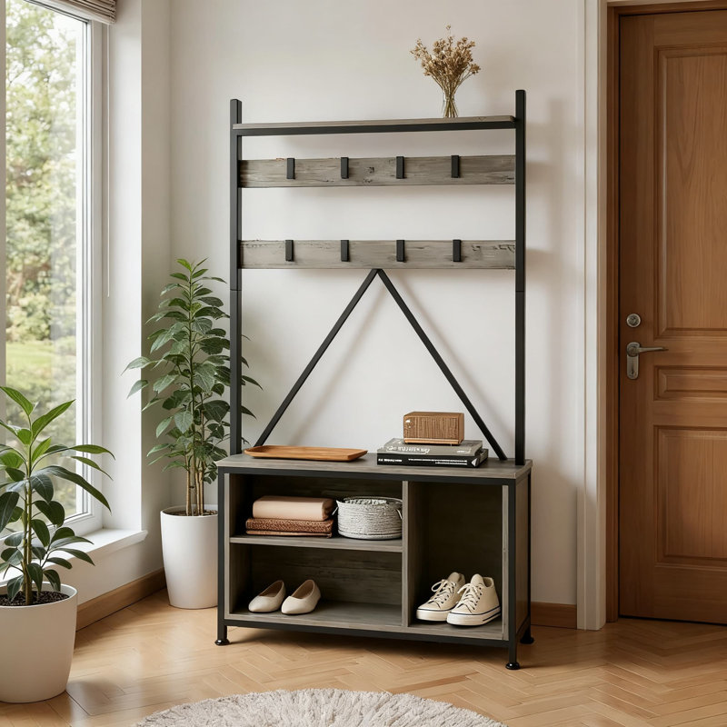 Portemanteau industriel avec banc, casiers de rangement pour chaussures et portemanteau | Organisateur multifonctionnel pour hall d'entrée, chambre à coucher ou coin