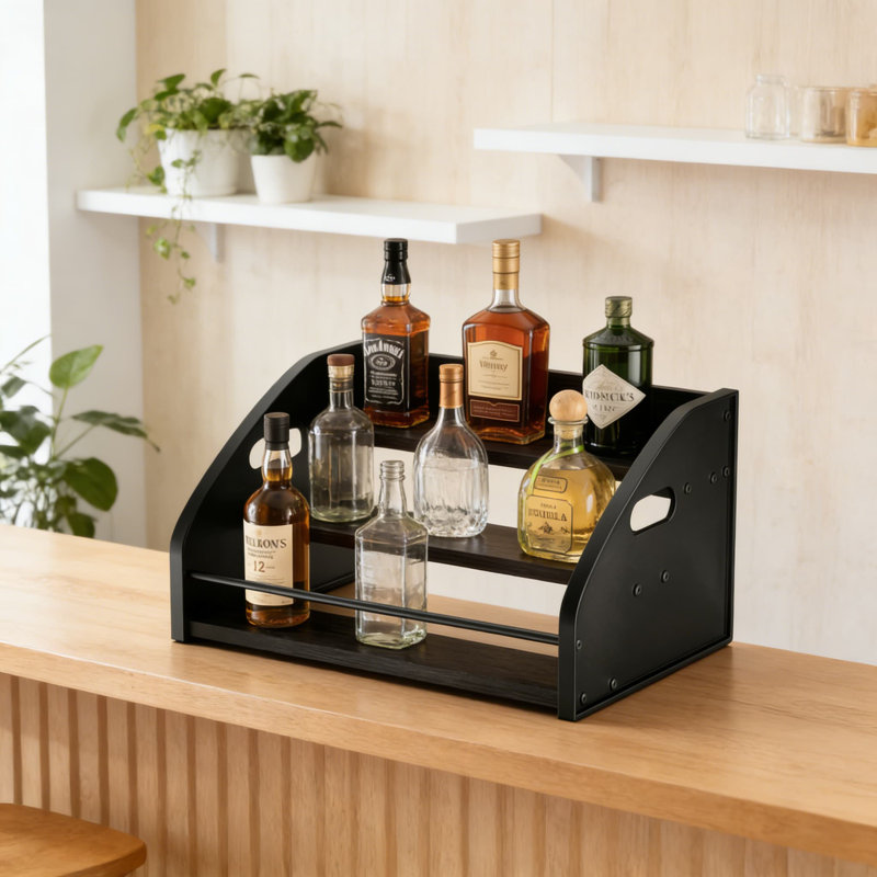 Étagère de rangement à 3 niveaux pour comptoir, présentoir en métal rustique pour bouteilles de vin, boissons alcoolisées, sirops de café et articles de bar essentiels, rangement de cuisine autoportant avec poignées faciles à transporter