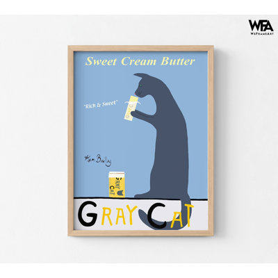 Chat gris par Ken Bailey, art mural de boulangerie, idée de décoration de cuisine boulanger, impression d'affiche beurre, décoration de cuisine pour chat, art de propriétaire de chat
