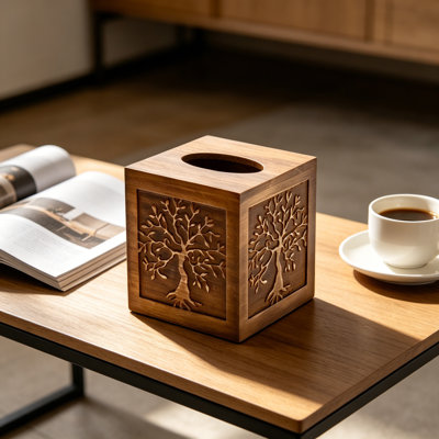 Grand couvercle de boîte à mouchoirs carré pour papiers-mouchoirs, porte-mouchoirs décoratif en bois avec fond coulissant, arbre de vie, décor de ferme pour salle de bain, bureau, salon, brun