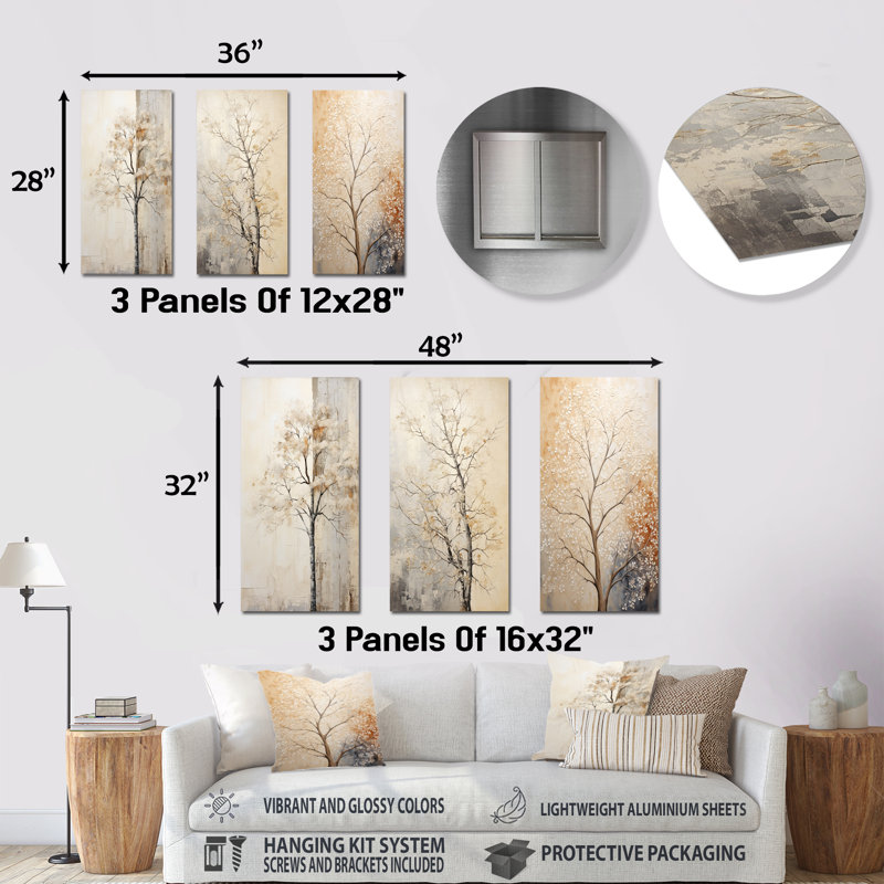 Beige Trees Oak Solitude - Tree Oak Metal Prints Set Of 3, 32" H x 48" W