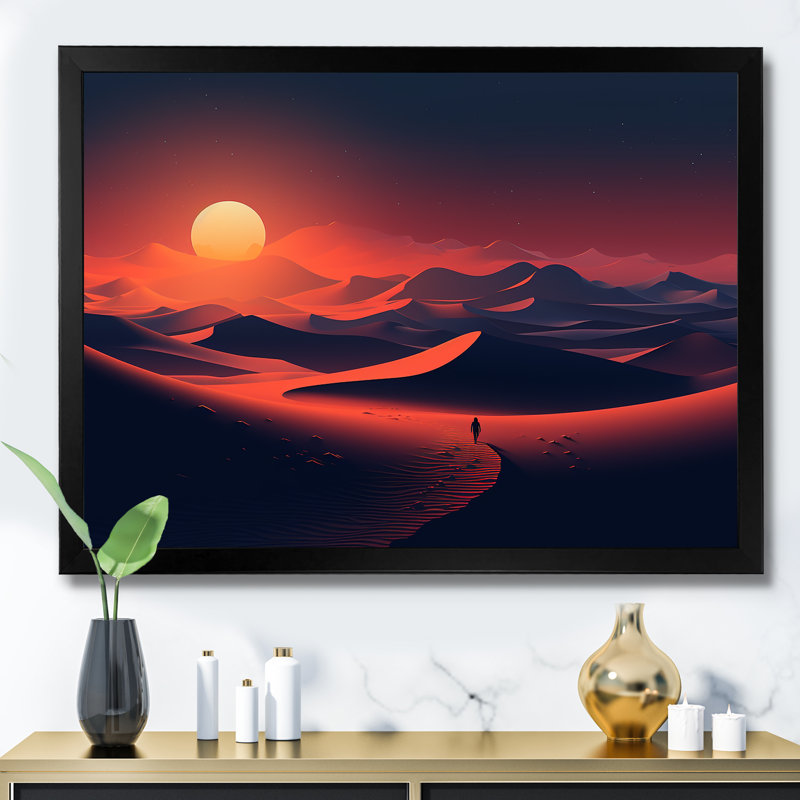 Marcher dans le désert du Sahara au coucher du soleil II - désert, art mural, Cadre d'angle fermé noir