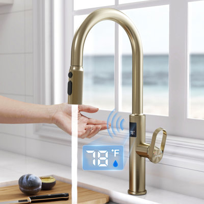 MASO Touchless Kitchen Faucet with Pull-Down Sprayer, Fahrenheit Temperature Display, 3 Spray Modes, 360° Swivel, Commercial Modern Faucet for RV, Farmhouse, Camper, Laundry & Bar,Brushed Gold