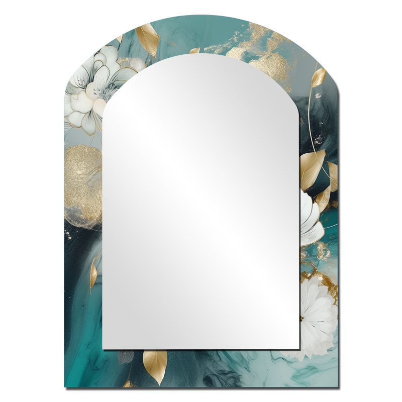 Golden Blue Marble Flowers II - grand miroir mural asymétrique floral, miroir décoratif en arche turquoise, impression sur métal
