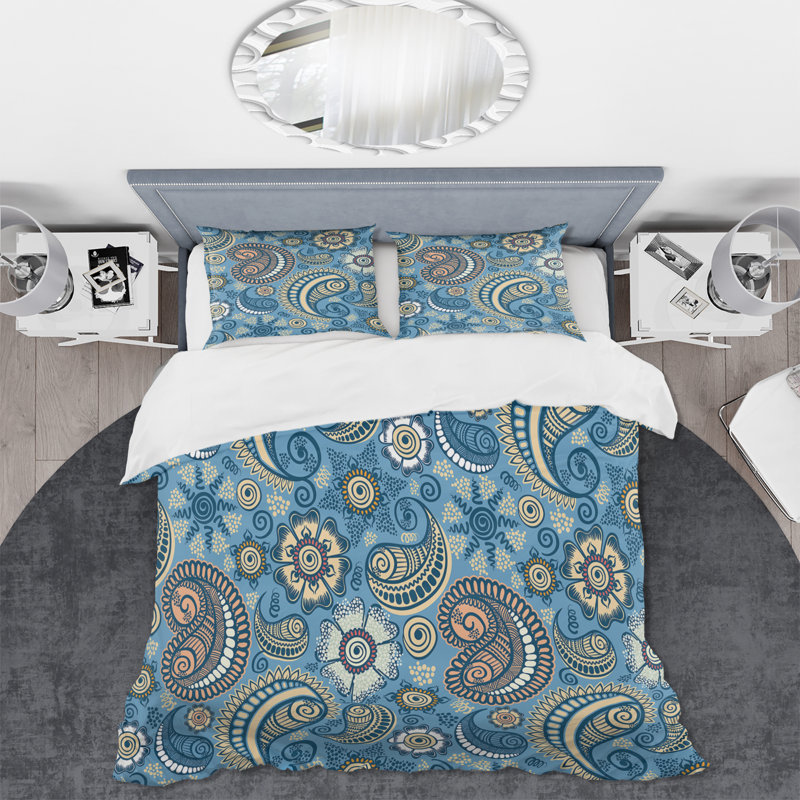 Ensemble de housse de couette bohémien Elegant Retro Blue Paisley - Microfibre polyester