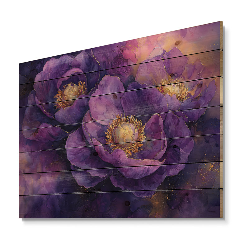 Fleurs de pivoines dorées lavande Serenity I - impression de pivoines sur bois de pin naturel, H 24 po x l 32 po x P 0,78 po