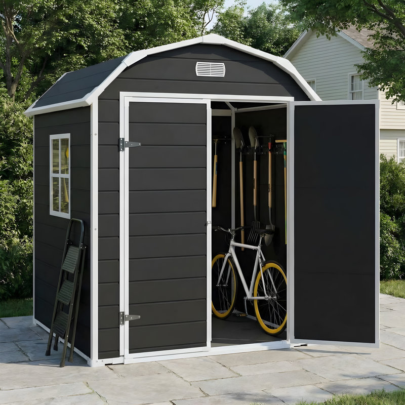 Outdoor Storage Shed Resin Garage Shed with Lockable Double Doors and Windows, Black