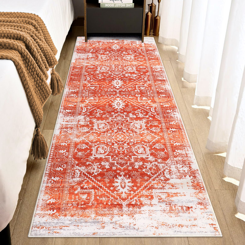 Washable Floral Print Traditional Medallion Area Rug Soft Low Pile Floor Carpet, Runner 2' x 6'